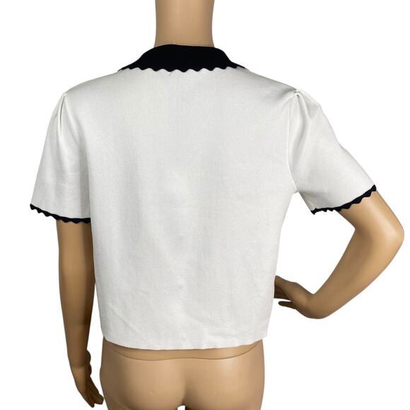 NWT Truth by Republic White Black Ric Rac Trim Collared Short Sleeve Cardigan M - Picture 6 of 8